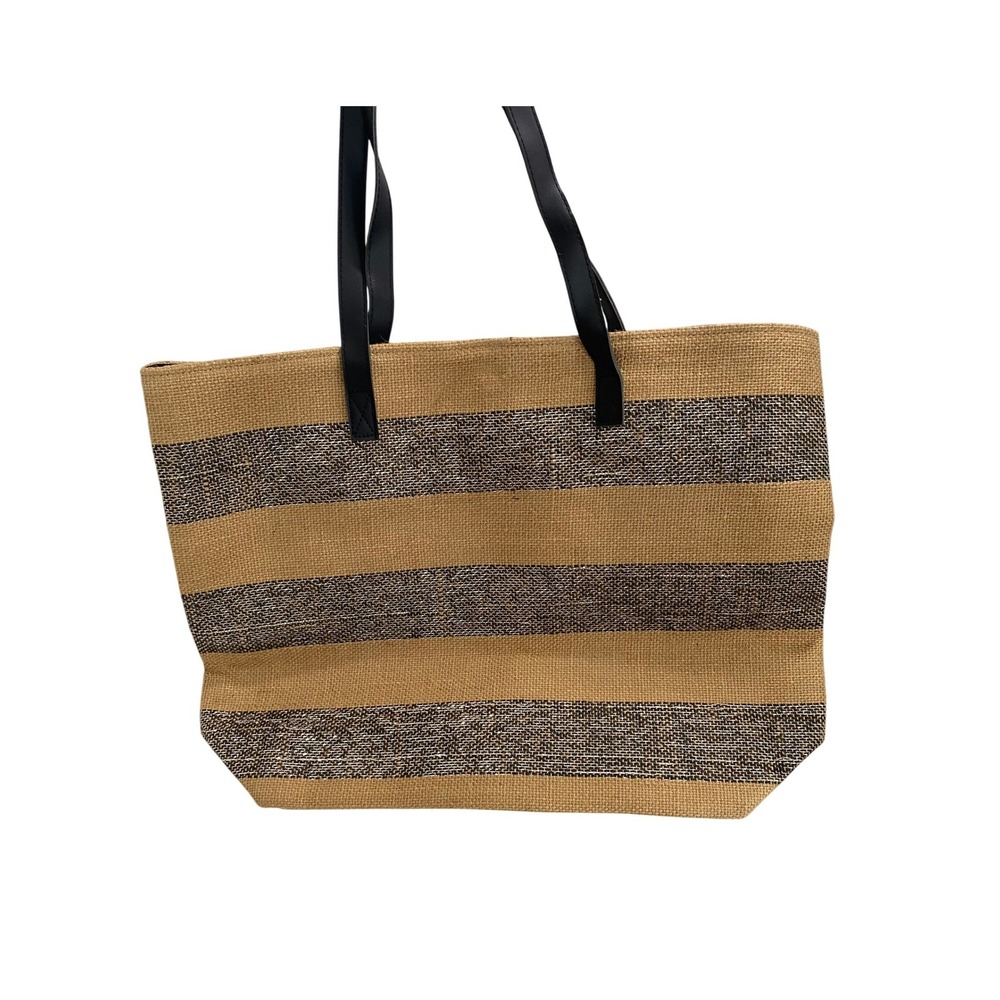 Fashion Totes Jute Striped Beach Bag Women OS Tan Black Summer Large Tote Bag
